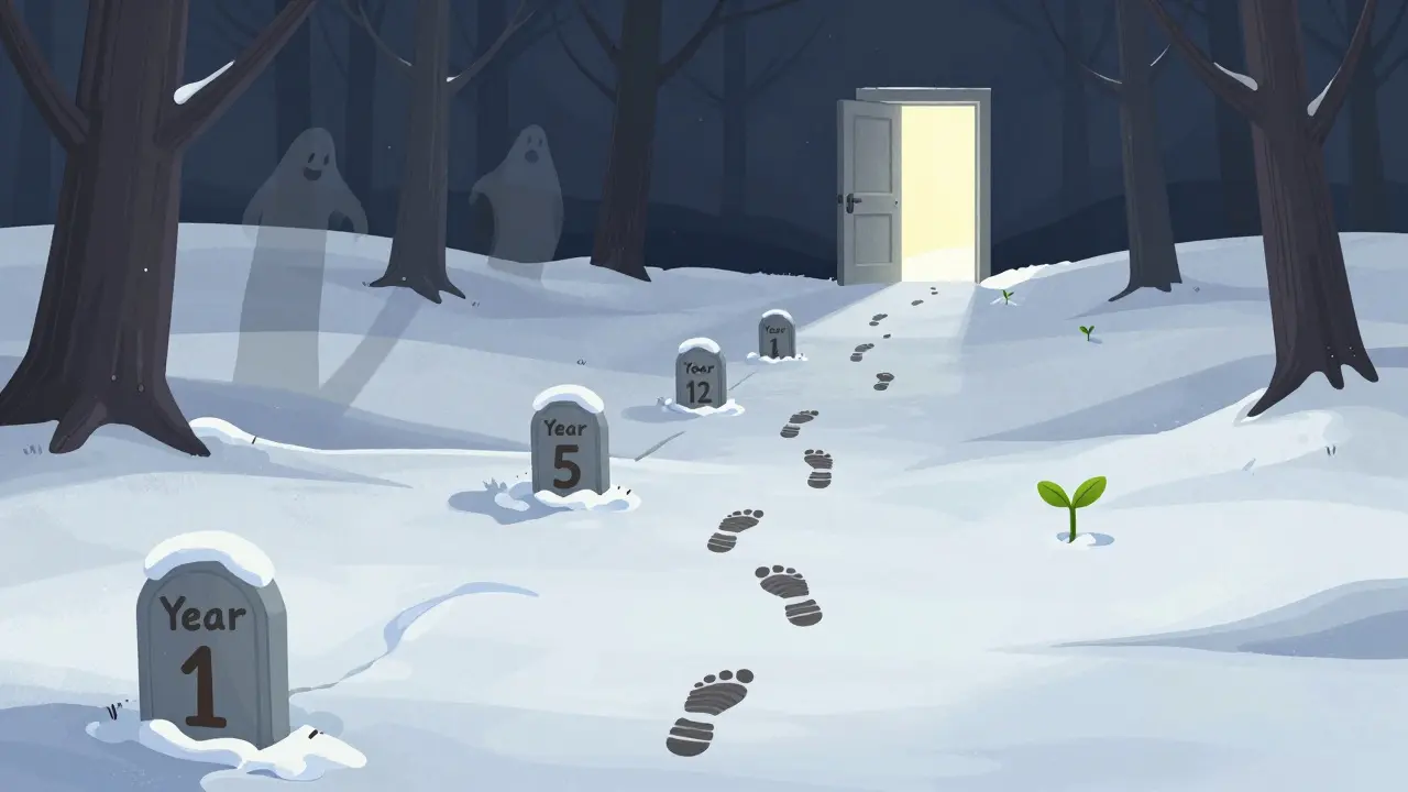 Dlouhá cesta skrz zimní krajINU s kroky označenými lety, končí dveřmi s světlem, kde růst rostliny symbolizuje naději.