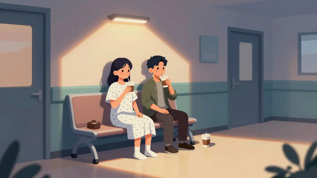 Dva lidé sedí na lavičce v nemocnici a pijií kávu, klidná chvíle vzájemného pochopení.
