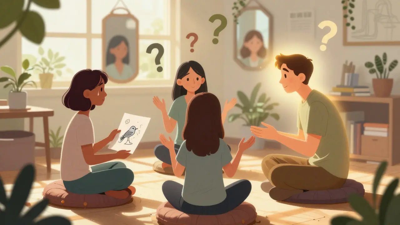 Humanistická supervize v kruhu bez nástrojů, terapeuti sdílejí emoce v přirozeném světle.