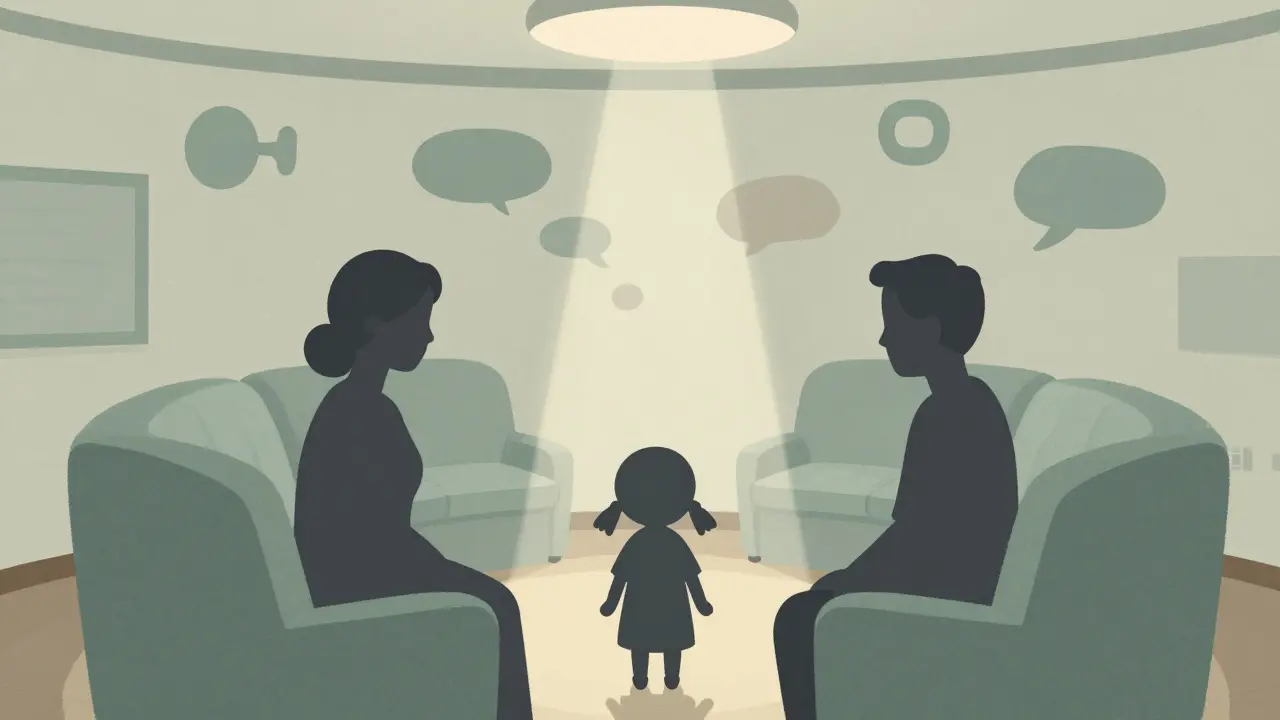 Ilustrace terapeutického kruhu s dětmi a dospělými pod světlem.