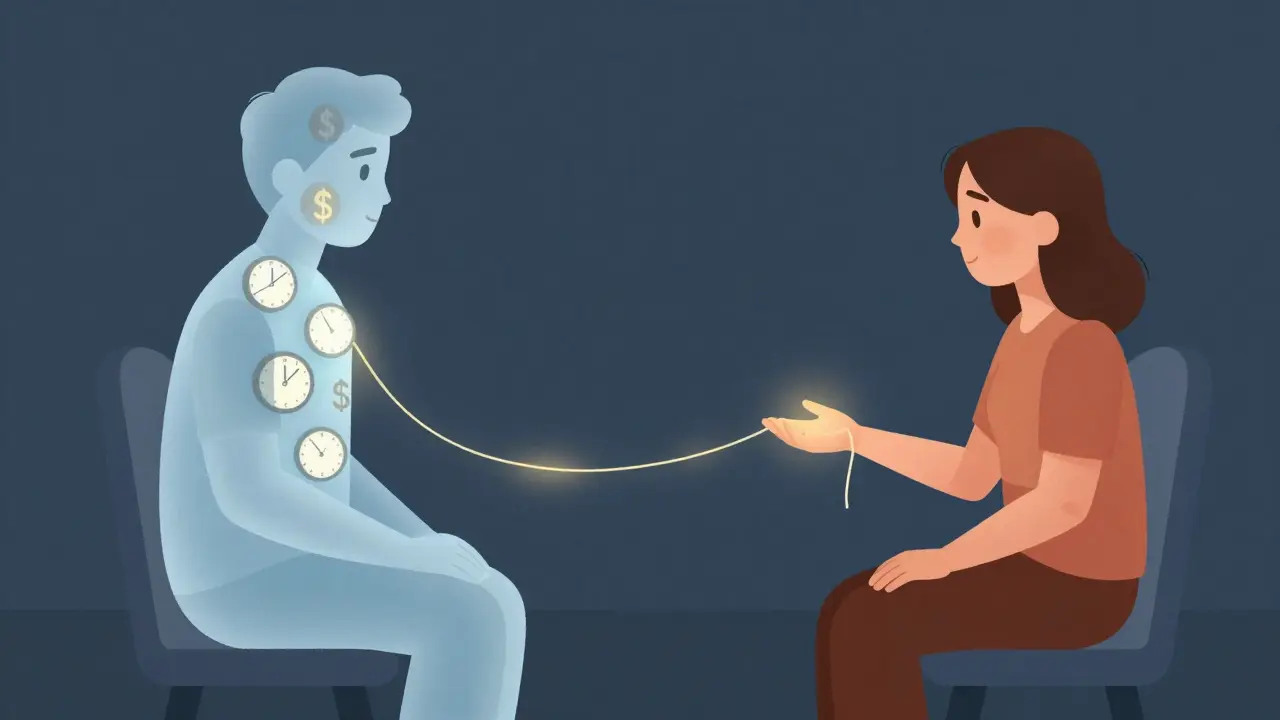 Klient se drží za ruku terapeuta, jehož tělo je prázdné a plné hodin a peněz, zlatá nit se pomalu přetrhává.