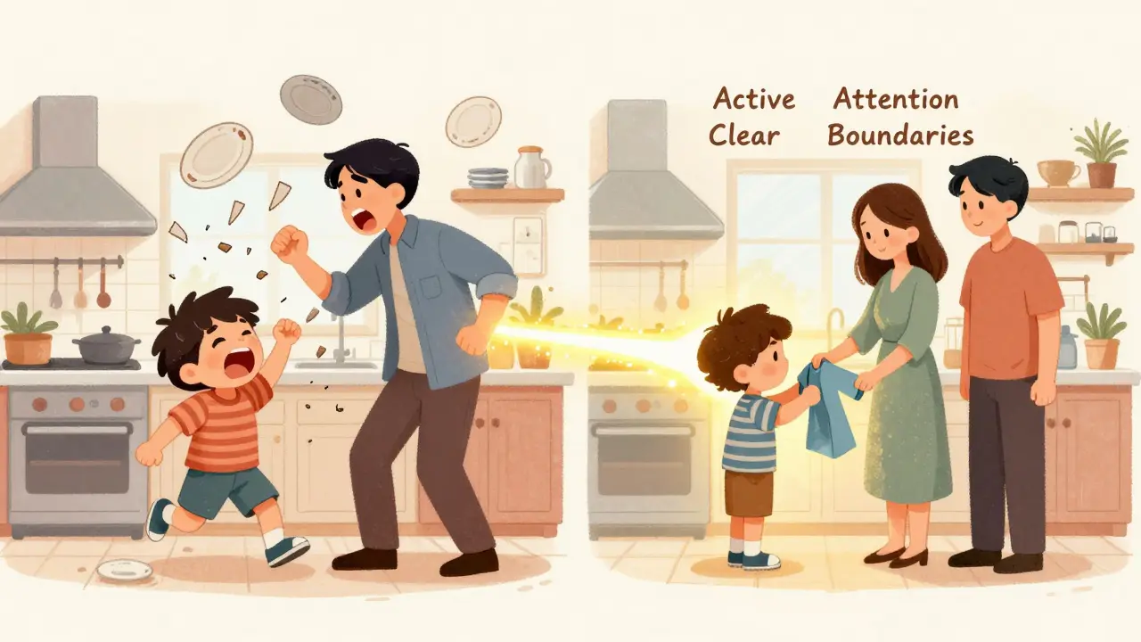 Kontrast mezi chaoticou a klidnou kuchyní: rodiče se chovají jinak, dítě reaguje klidně.