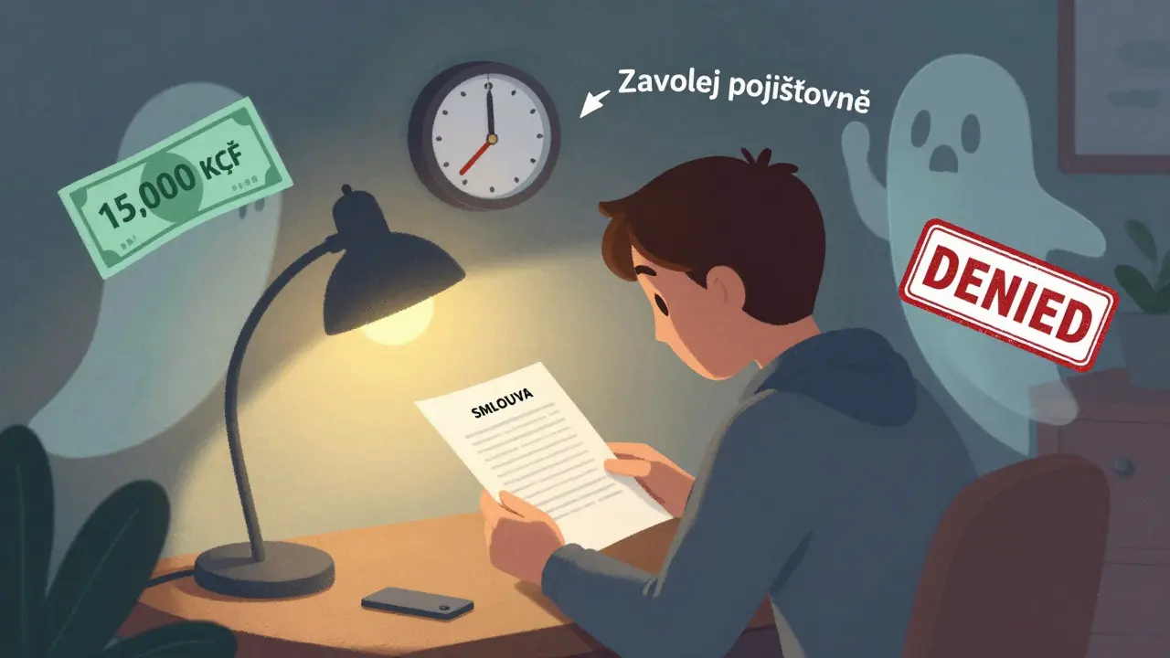 Osoba čte smlouvu v klidné místnosti, kolem ní se objevují duchové nebezpečí — účet, zrušený termín a odmítnutá hradba.