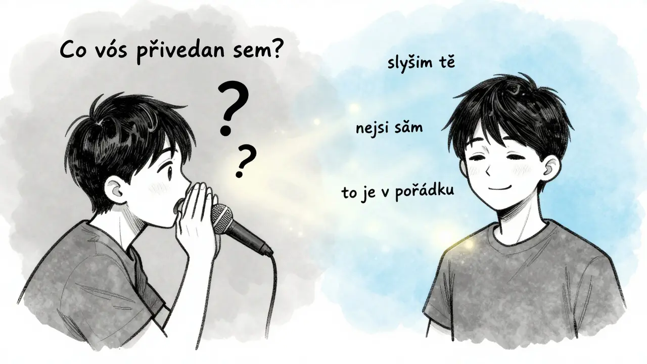 Příběh emocí: člověk hovoří, a slova jako 'slyším tě' se vznášejí kolem něj jako světla.