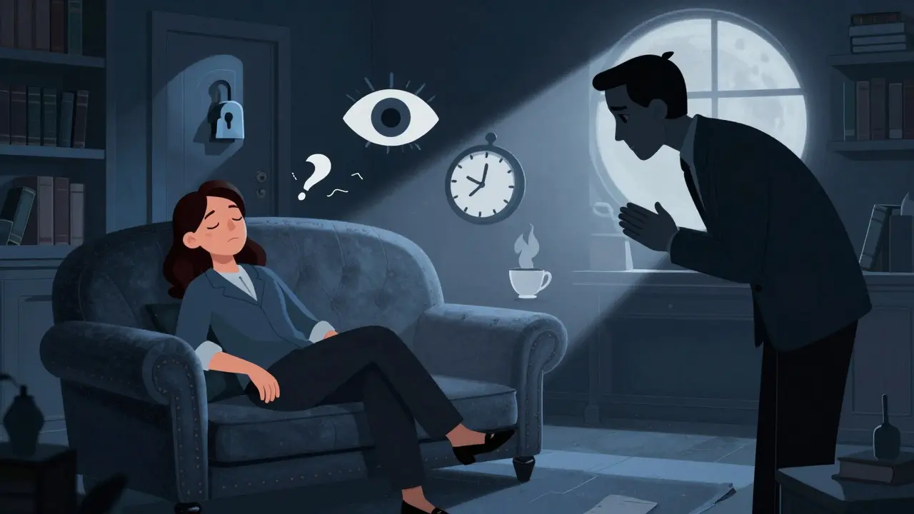 Psychoanalytická supervize v tiché místnosti s abstraktními symboly nevědomého.