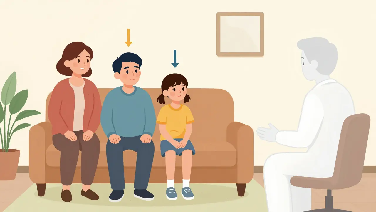 Rodiče a dítě se přesouvají v místnosti, zatímco otec zůstává jako stín, viditelný jen jako průhledný obrys.