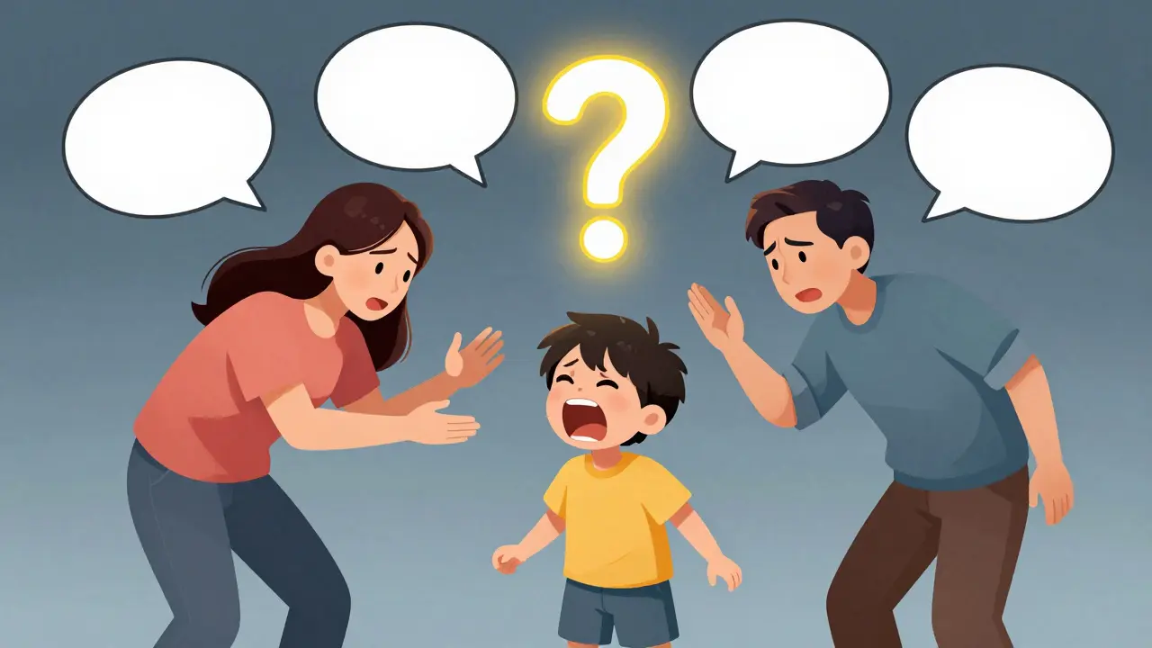 Rodiče vtipně podporují dítě, aby křičelo ještě hlasitěji, zatímco staré vzorce blednou kolem nich.