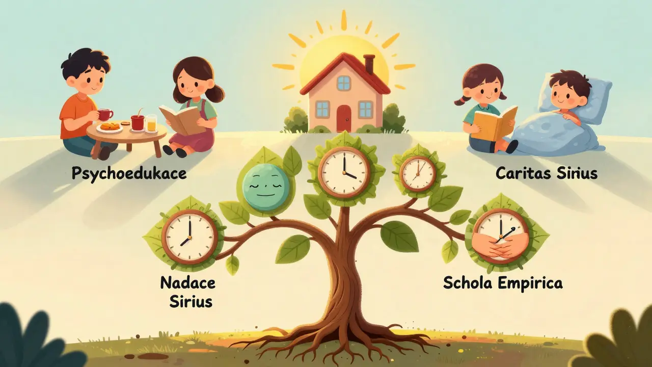 Rodinný strom roste z psychoedukace, jeho větve představují podporující organizace.