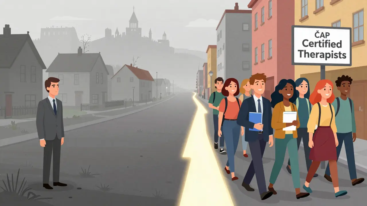 Rozdělený obraz: na jedné straně opuštěná vesnice se stigmatizací, na druhé živá městská scéna s lidmi, kteří otevřeně podporují psychoterapii.