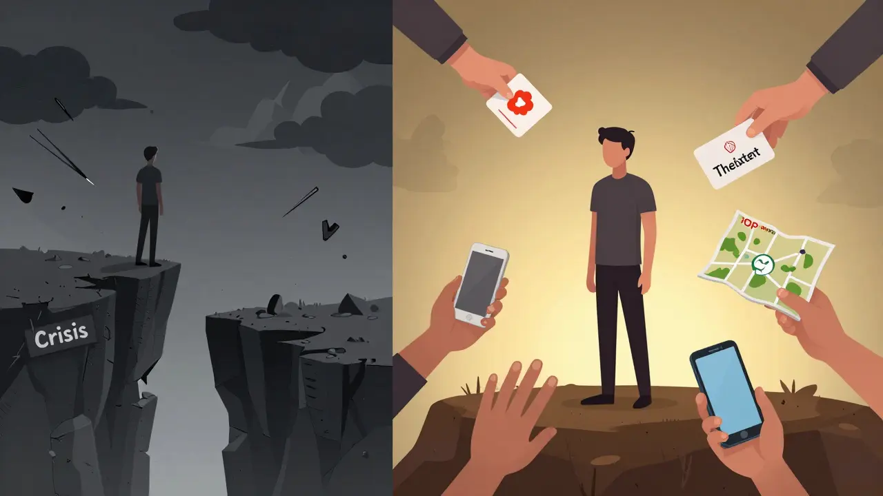 Rozdělený scénář: krize na okraji propasti vs. bezpečná cesta s podporou.