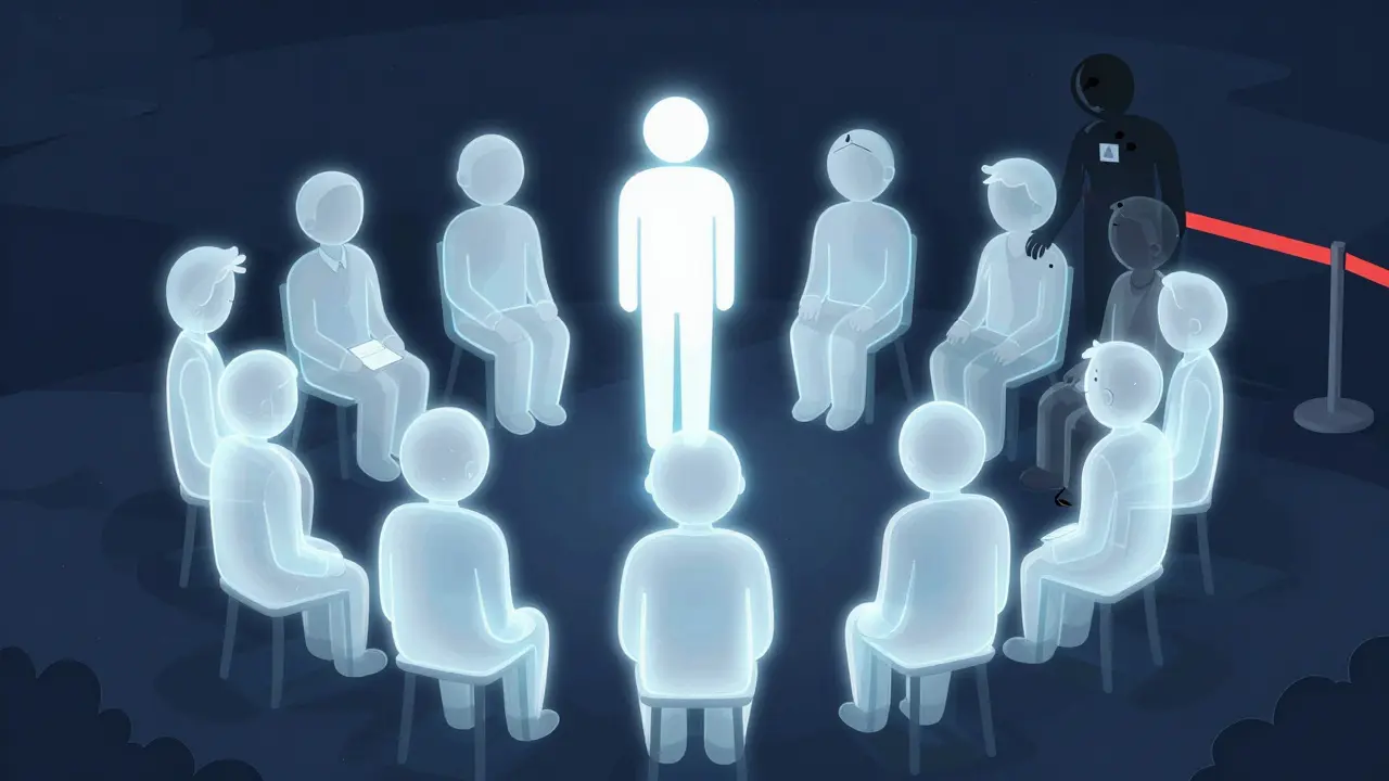 Skupina lidí v digitálním kruhu, kde jeden z nich se stává viditelným díky podpoře ostatních.