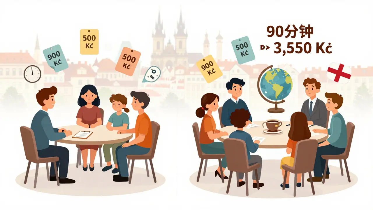 Srovnání dvou sezení rodinné terapie v Praze s různými cenami a délky podle počtu terapeutů a jazyka.