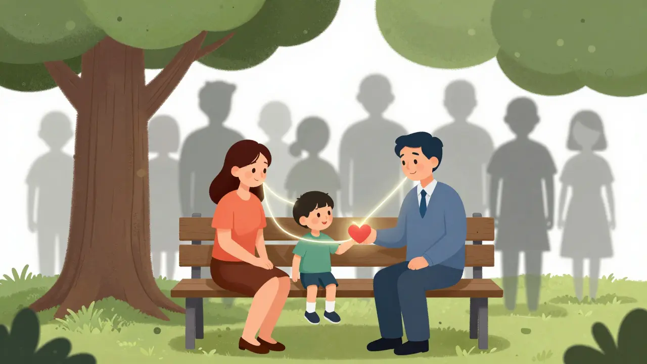 Terapeut a klient sedí pod stromem, spojení světlými nitkami, které symbolizují obnovu důvěry a bezpečné přivážení.