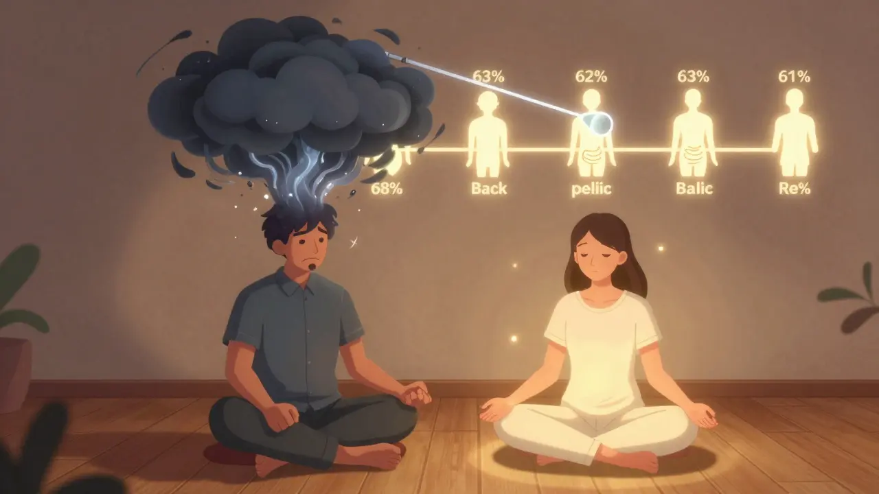 Terapeut a klient společně dýchají, nad nimi se kývá pendulum mezi stresovými a klidnými oblastmi těla s číselnými údaji o somatických příznacích.