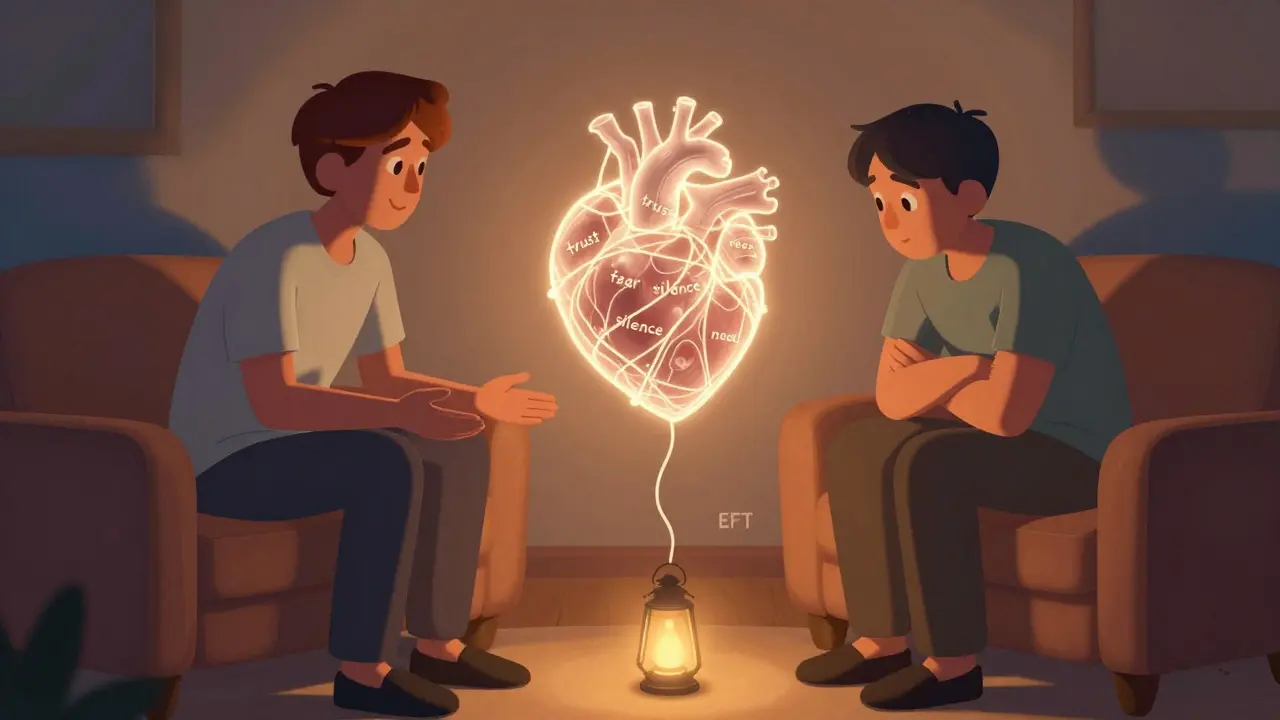 Terapeut mezi párem, mezi nimi průhledné srdce z nitěk s emocemi, teplé osvětlení, studené stíny za nimi.