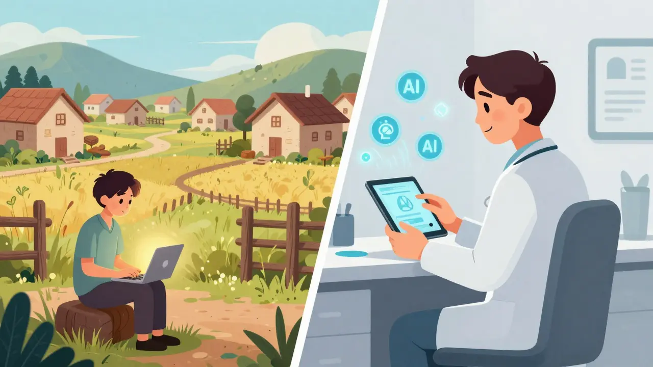 Terapeut sleduje emocionální ukazatele na obrazovce, zatímco klient v venkovské oblasti připojí k online terapii.