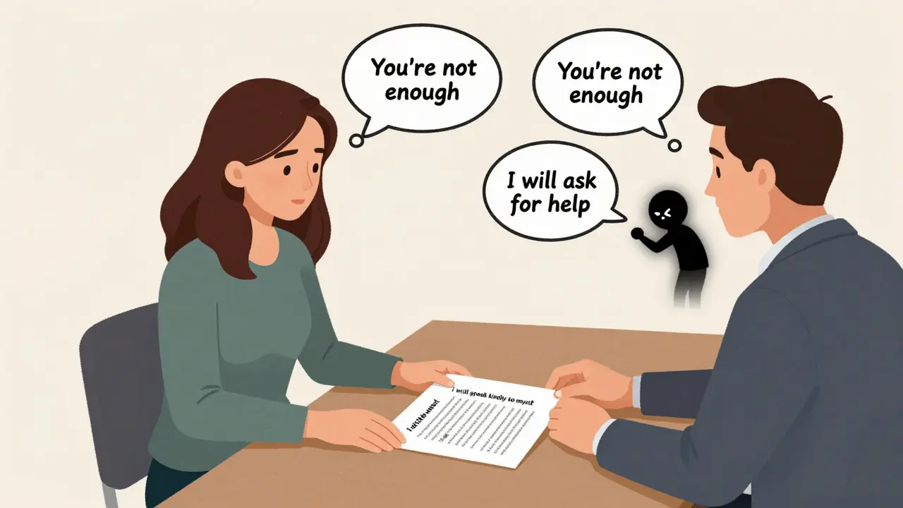 Terapeutická sezení s myšlenkovými bublinami, kde vnitřní kritik vypadá jako stínový hlas, zatímco žena podepisuje smlouvu o sebevědomí.