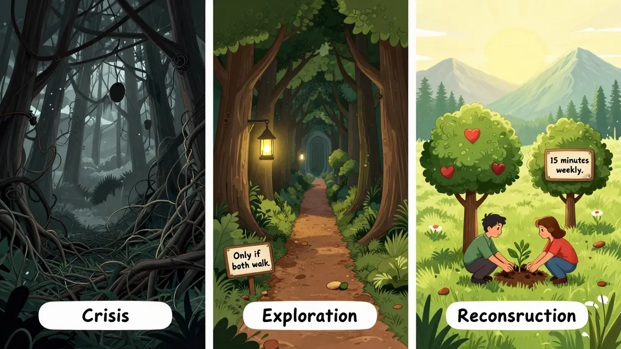 Tři fáze léčby jako cesta skrz les: bouře, tunel, slunečná louka s stromy a plakátem o týdenních rozhovorech.