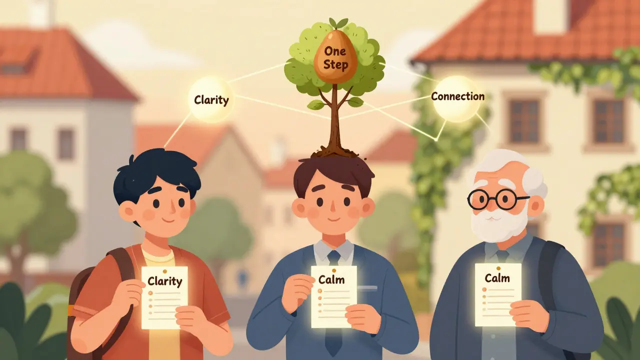 Tři lidé drží vlastní karty s plánem duševní pohody, spojené zlatými nitěmi pod stromem.