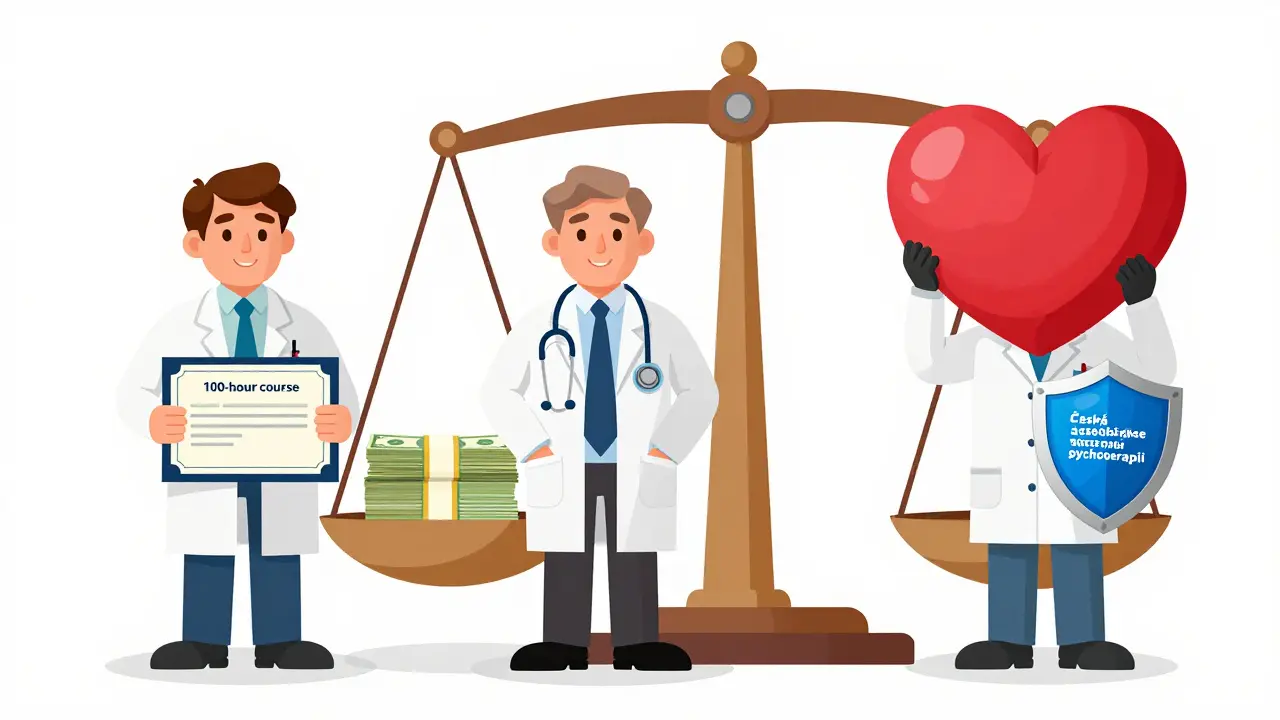 Tři terapeuti s různými kvalifikacemi stojí před váhou, kde jen ten s certifikací vyrovnává váhu srdce.
