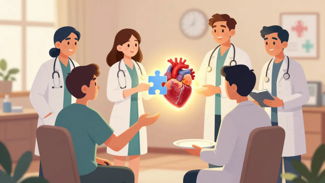 Tým lékařů drží kusy skládačky ve tvaru srdce, pacientka sedí a přitahuje se k nim, teplé osvětlení v pozadí.