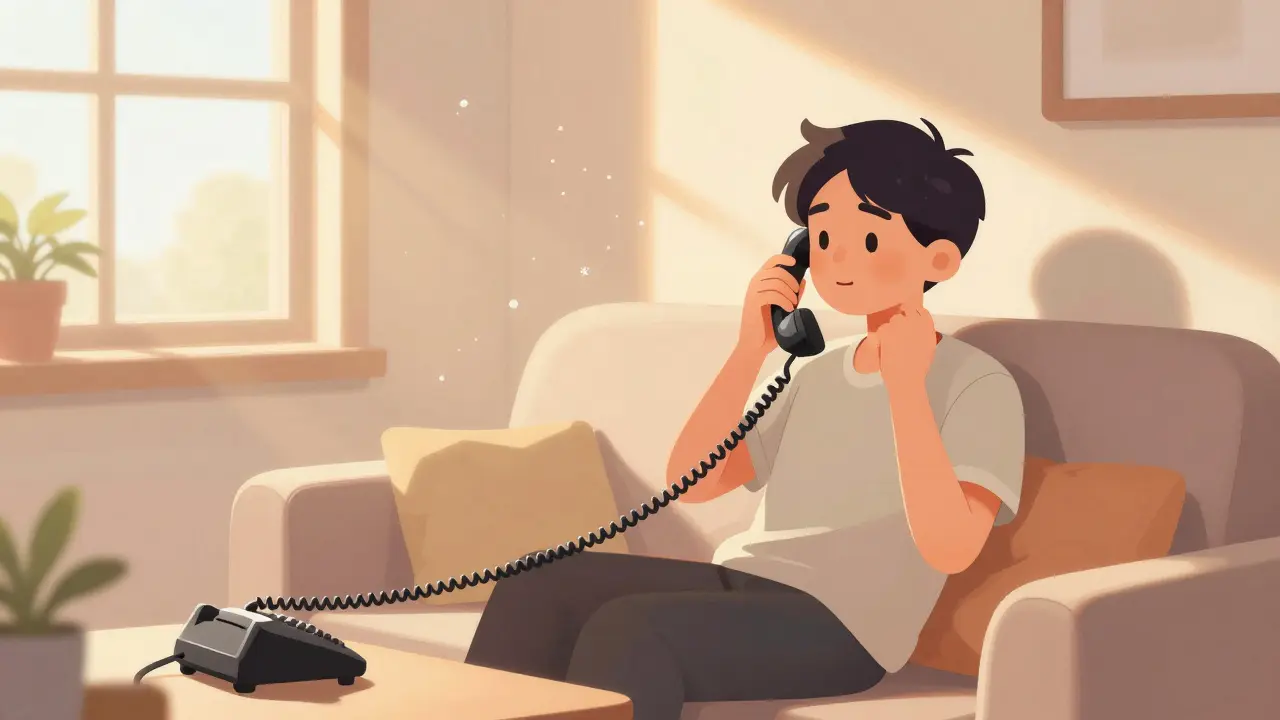 Uklidněná osoba hovoří na lince první pomoci v jasném slunném interiéru.