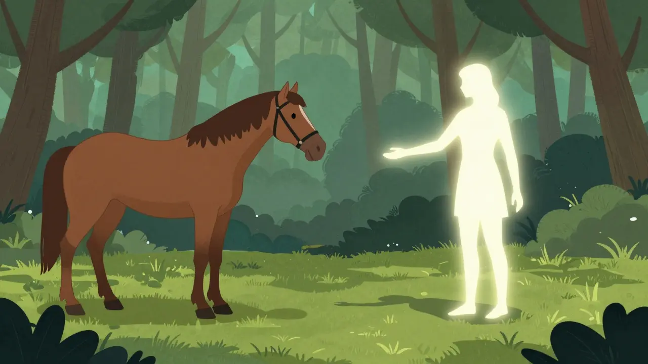 Žena se dotýká koně v lese, její stín se mění z vychrtlého tvaru na plný, zářivý obraz lidského těla.
