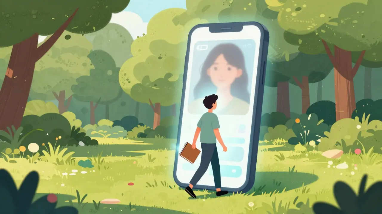 Člověk opouští digitální svět filtrů a směřuje k přirozené realitě a sebeakceptaci v přírodě.