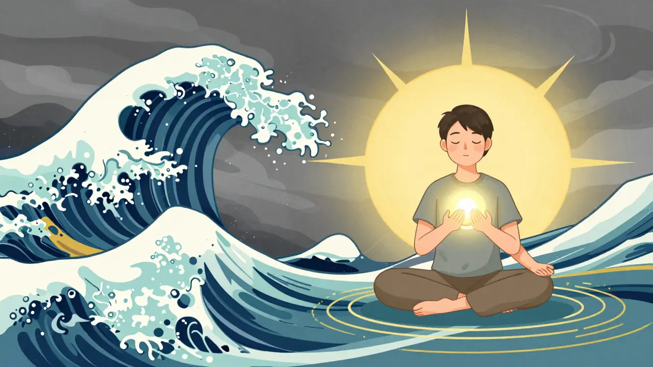Člověk v klidu přeměňující bouřlivé emoce v tiché vlnky během terapie.