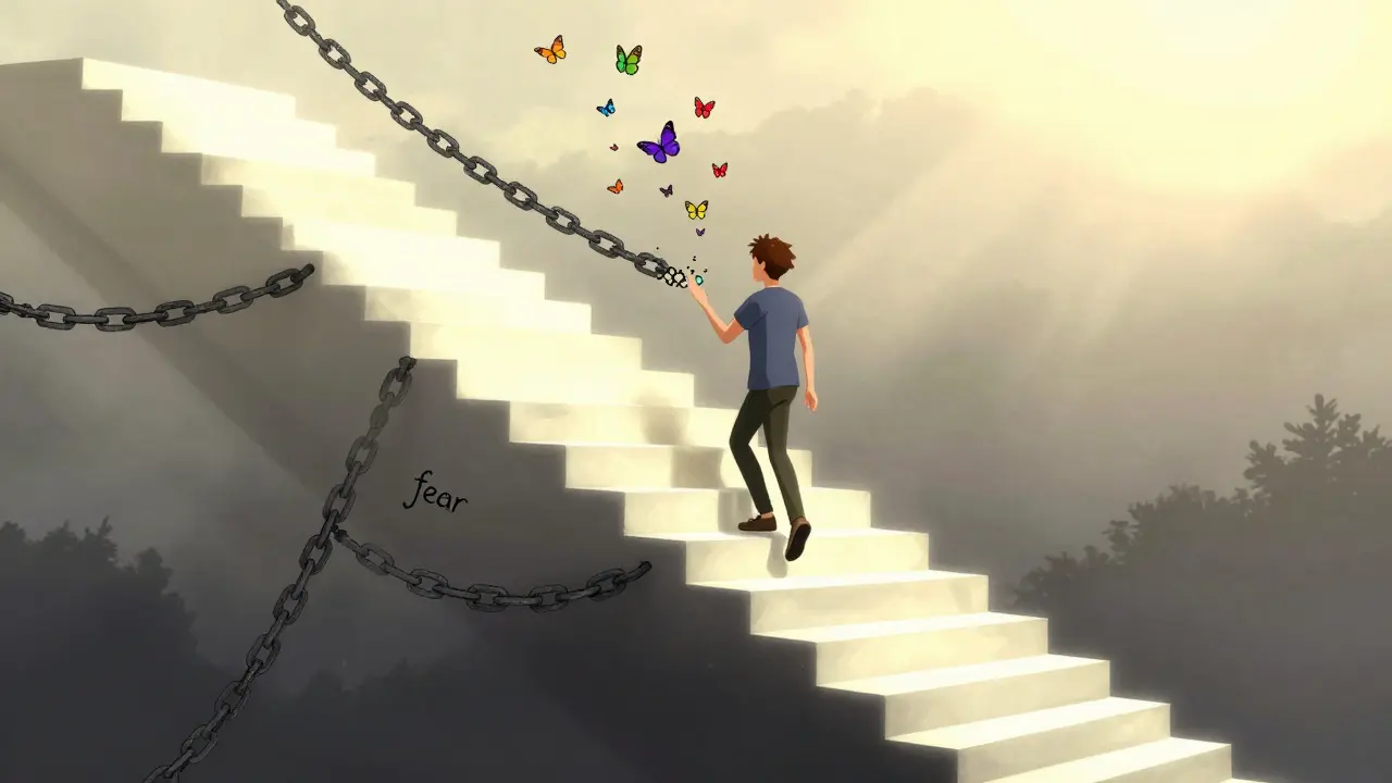 Člověk vystupuje po schodech k uzdravení a zbavuje se okovů strachu.