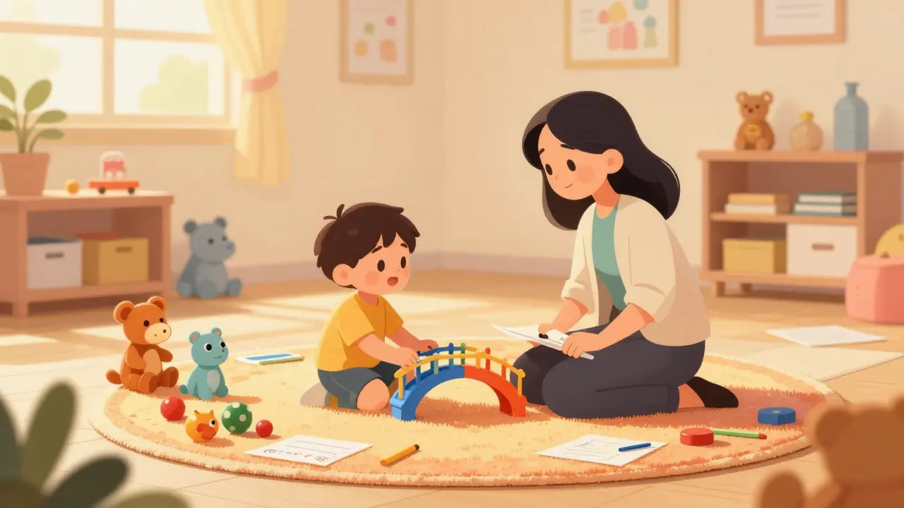 Dítě a terapeut v barevné herní místnosti během hrátkové terapie.