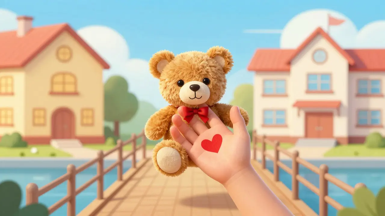 Dítě drží plyšového medvídka a má na dlani nakreslené srdíčko jako symbol bezpečí.