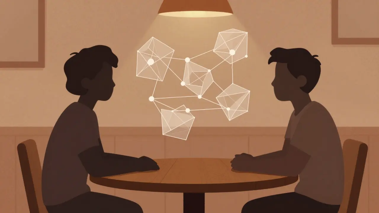 Dve siluety na sezení spojené abstraktními emocemi a vlákny.