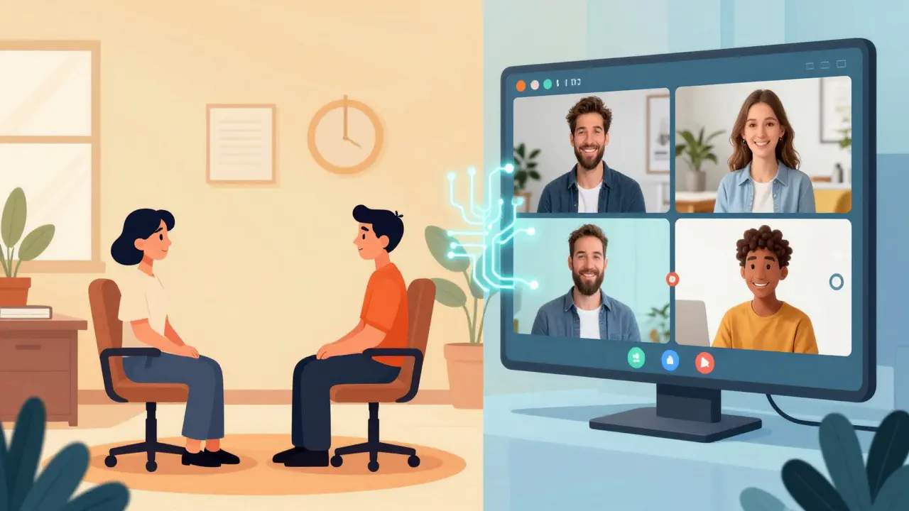 Ilustrace hybridního modelu terapie kombinujícího osobní setkání a online hovory.