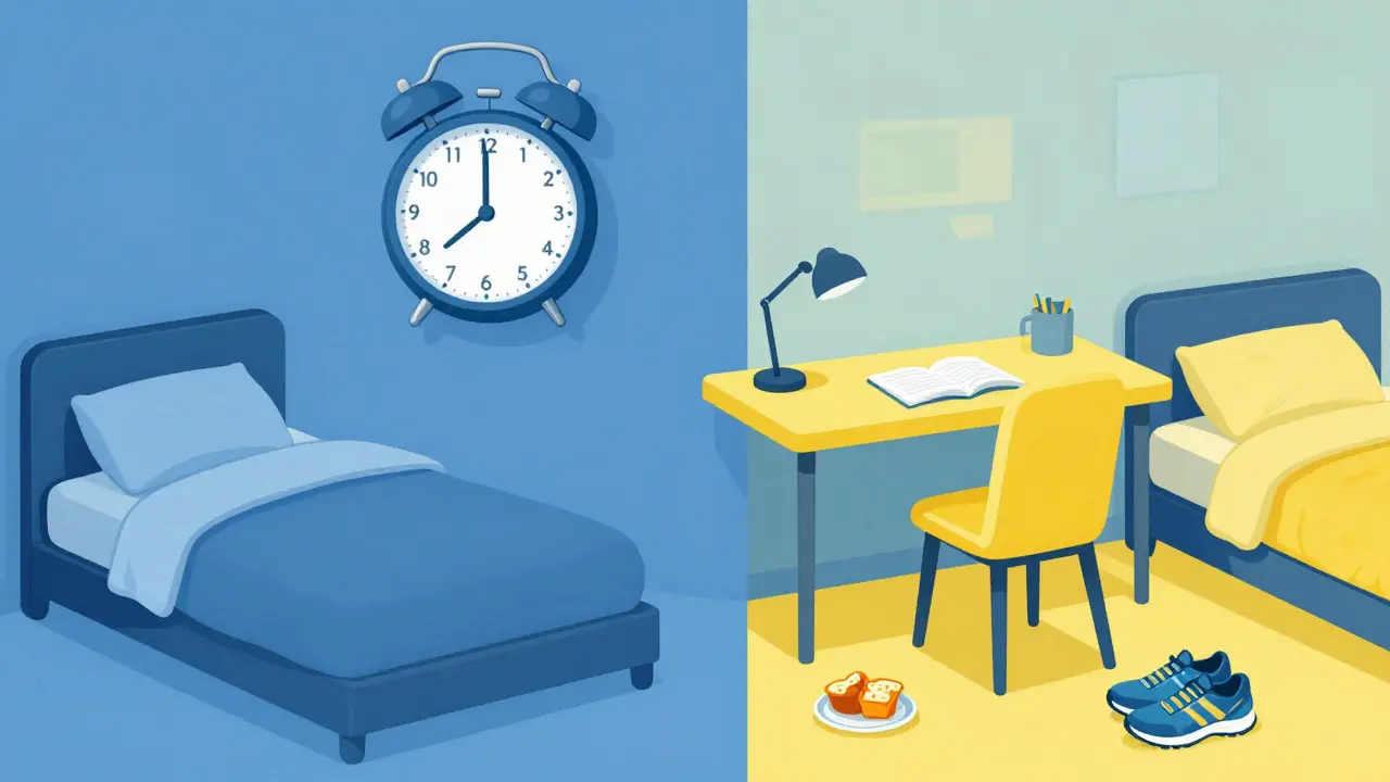 Ilustrace pilířů denního režimu včetně pravidelného vstávání a pracovního koutku.