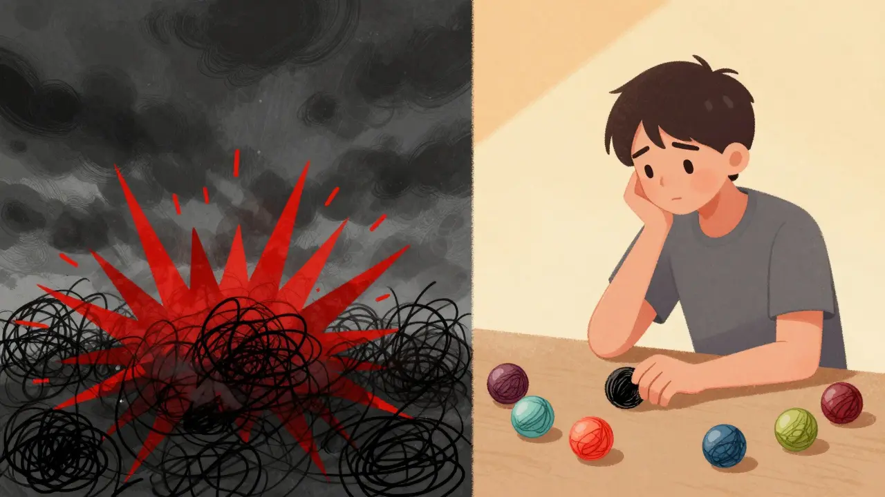 Ilustrace přechodu od emocionálního chaosu k klidu a regulaci pocitů.