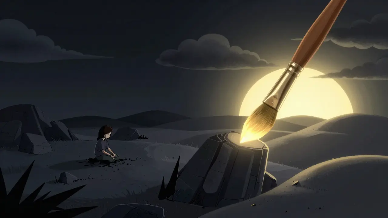 Ilustrace procesu přepisování děje noční můry na pozitivnější verzi.