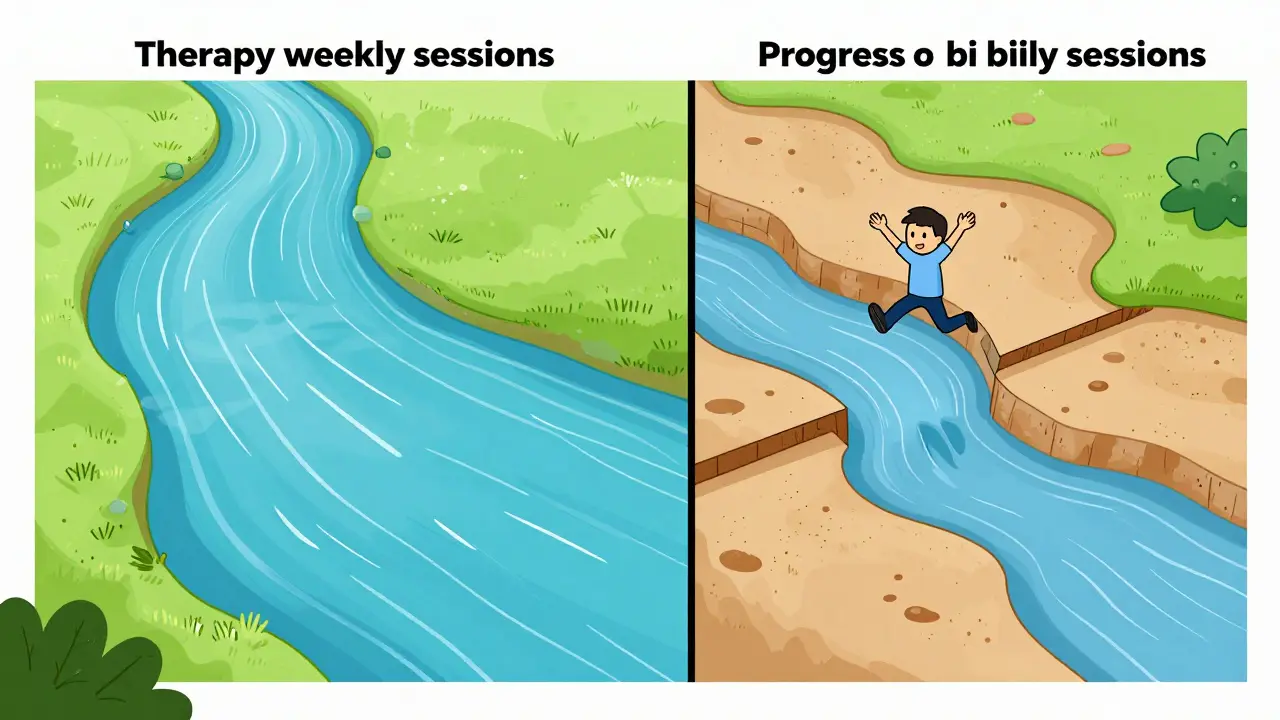 Ilustrace srovnávající plynulost týdenních sezení s přerušovaným průběhem.