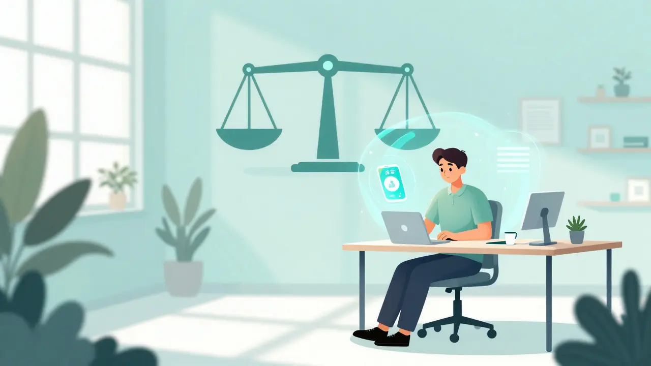Klidná scéna vyvažování pracovního života s digitální podporou duševního zdraví.