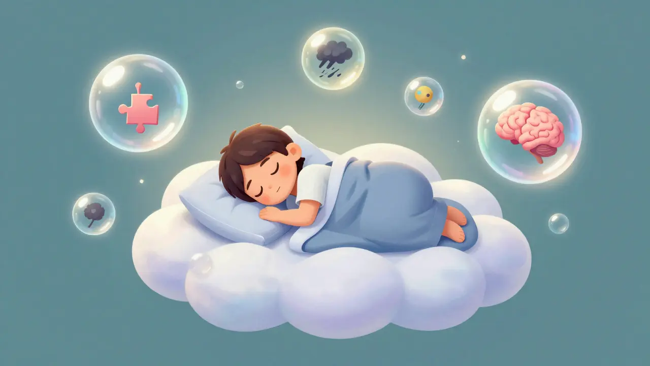 Klidně spící osoba obklopená ochrannými bublinami symbolizujícími psychickou odolnost.