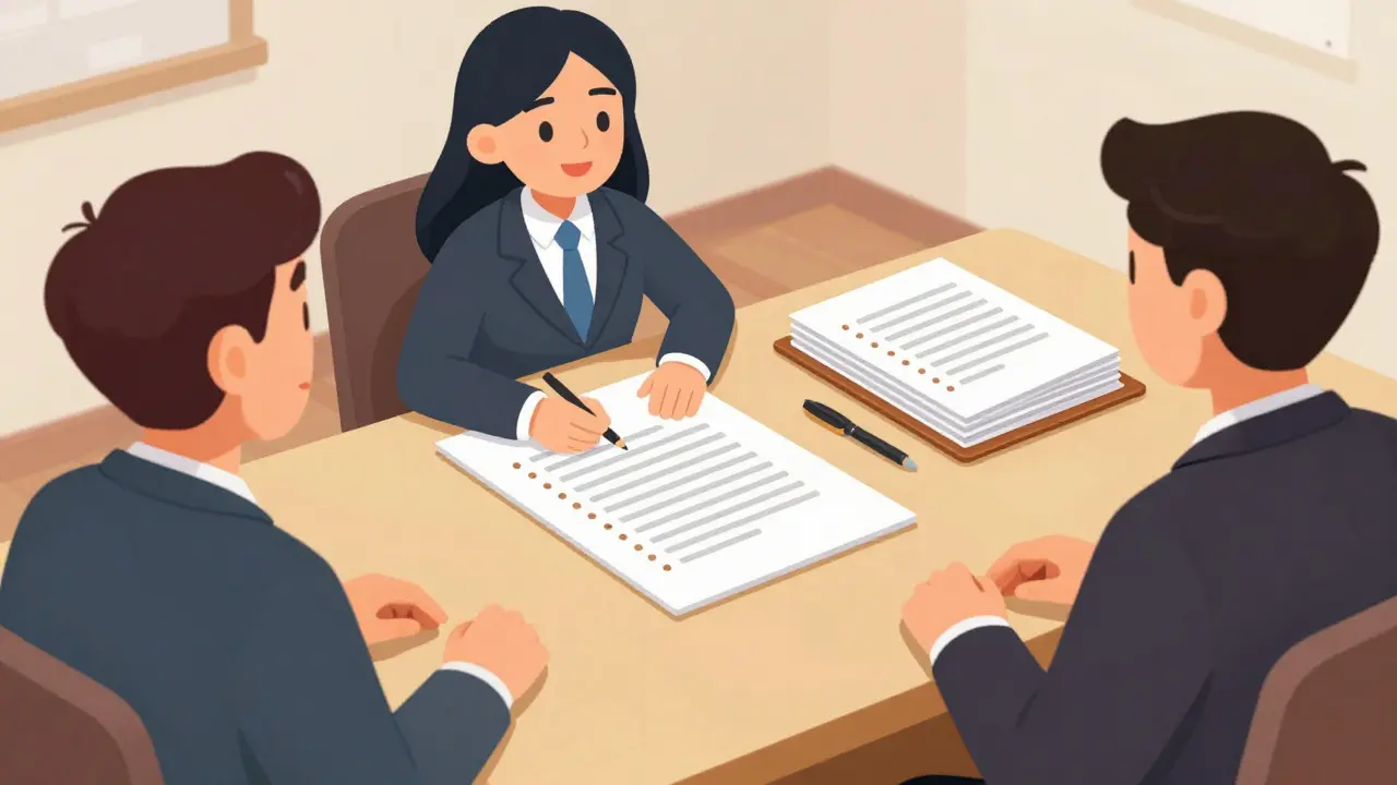 Klientská schůzka s органіzovanými dokumenty a přehledným seznamem otázek.