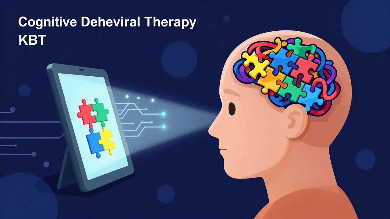 Koncepční ilustrace digitální terapie uspořádávající chaotické myšlenkové vzorce v hlavě.