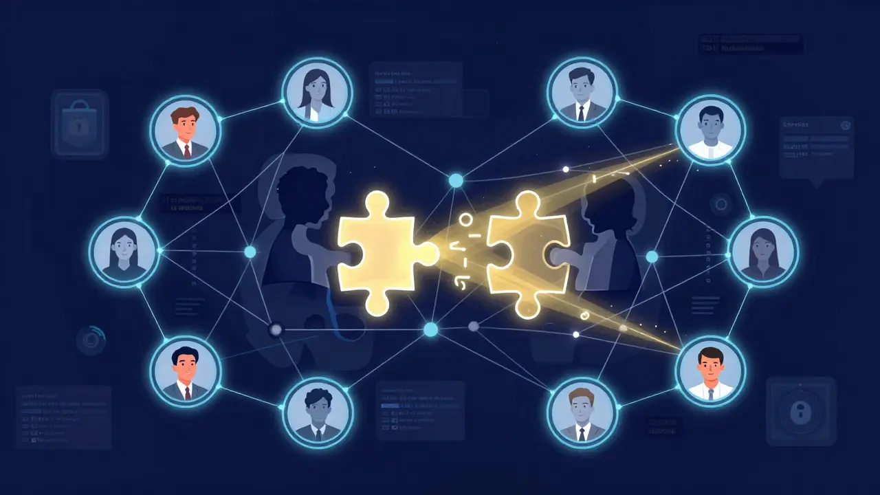 Koncepční znázornění digitálního párování klienta a terapeuta pomocí algoritmu.