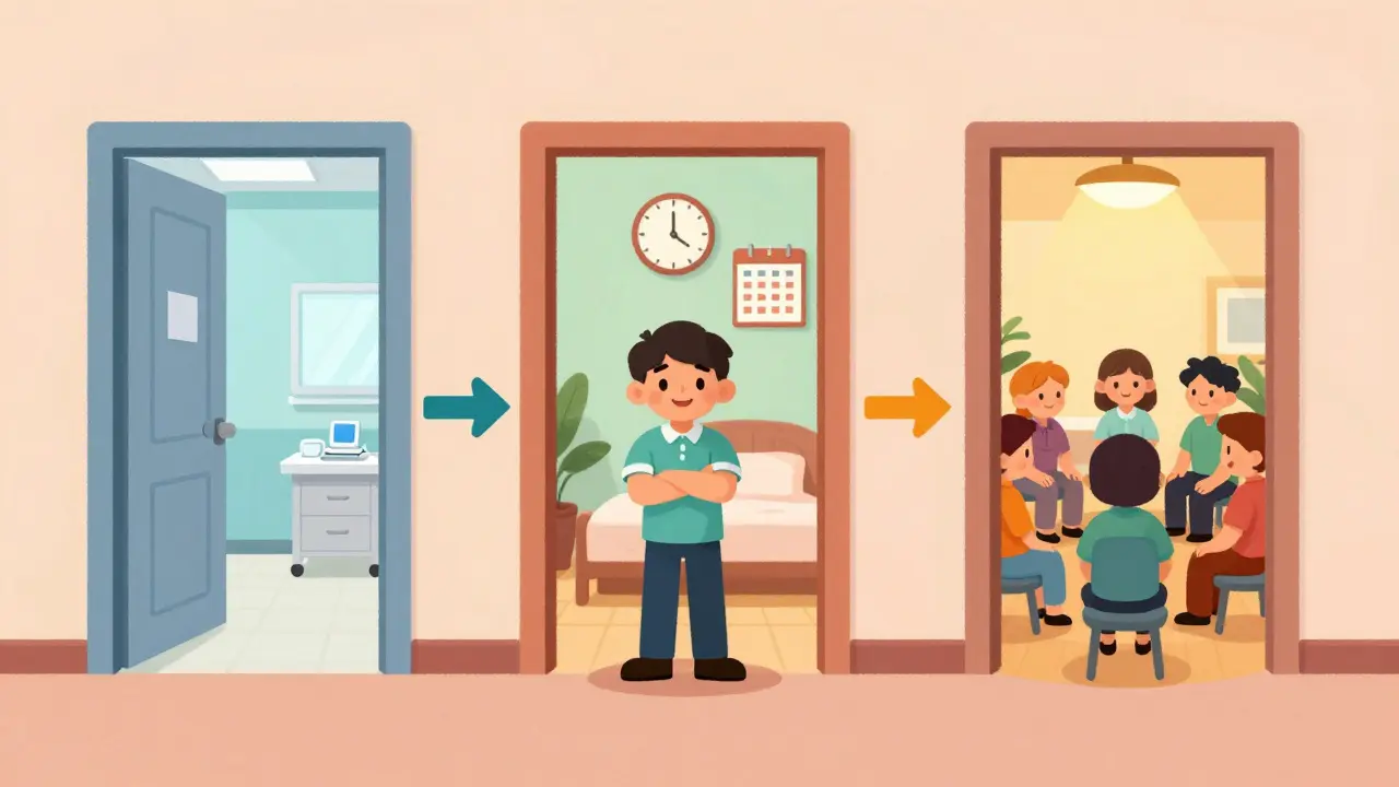 Konceptuální kresba fází léčby od detoxikace přes stabilizaci až po skupinovou terapii.