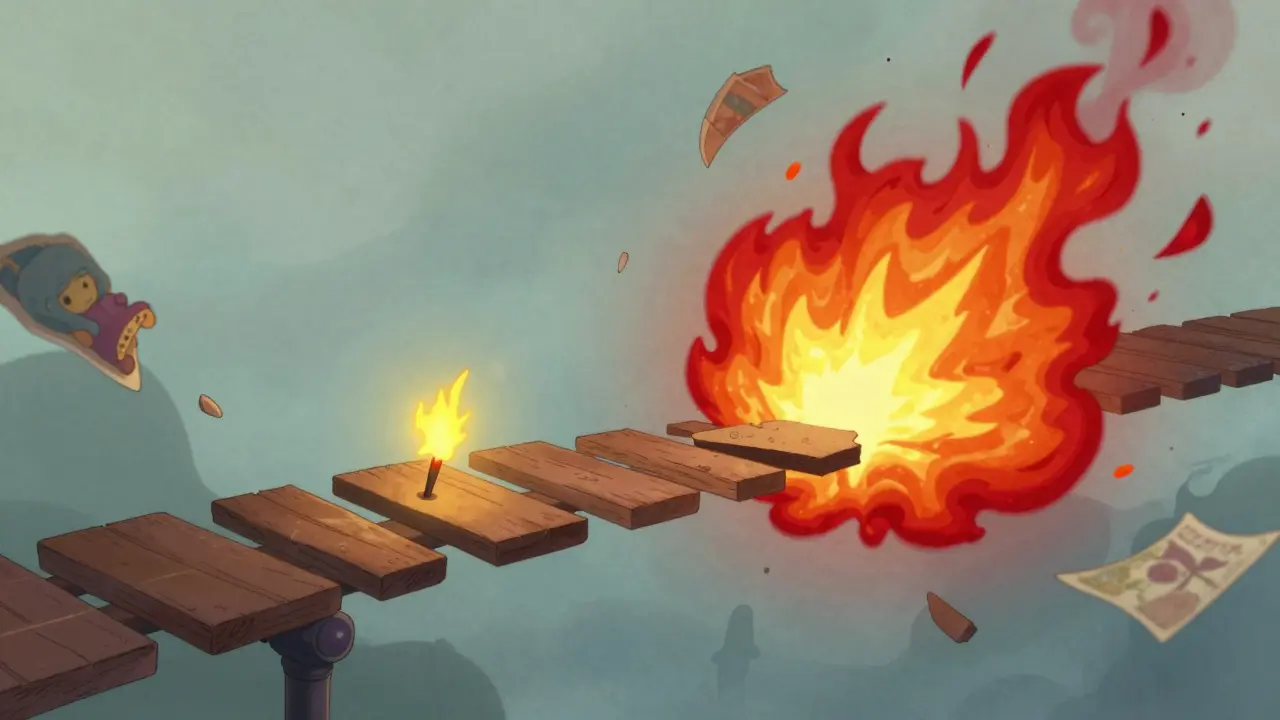 Konceptuální obraz rozbitého mostu v mysli znázornující chybějící emoční brzdy.