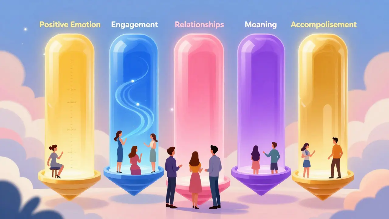 Konceptuální znázornění pěti pilířů modelu PERMA v etéreyní podobě.