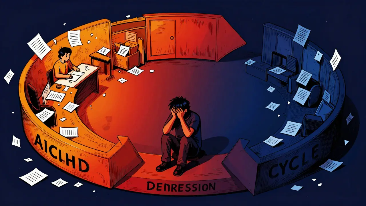 Kresba bludného kruhu mezi chaosem ADHD a pocitem beznaděje deprese.