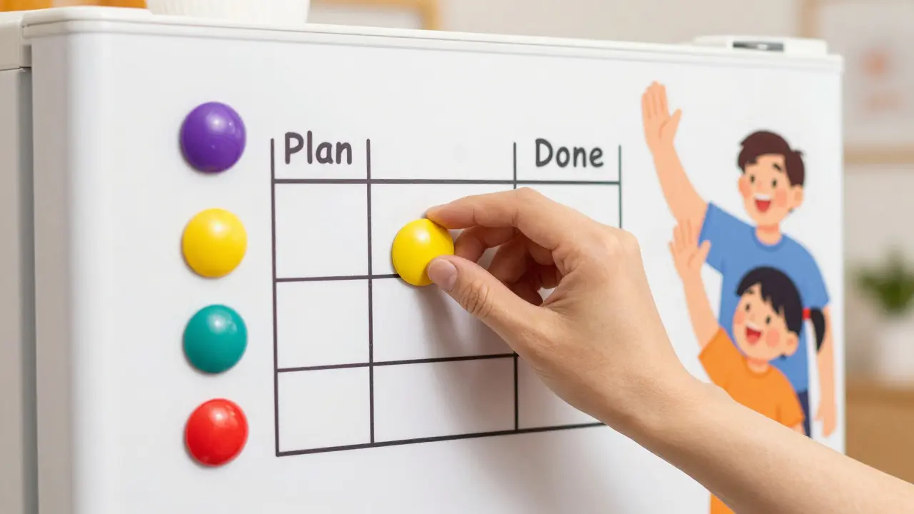 Kresba magnetické tabule s barevným plánem a radující se rodinou v pozadí.