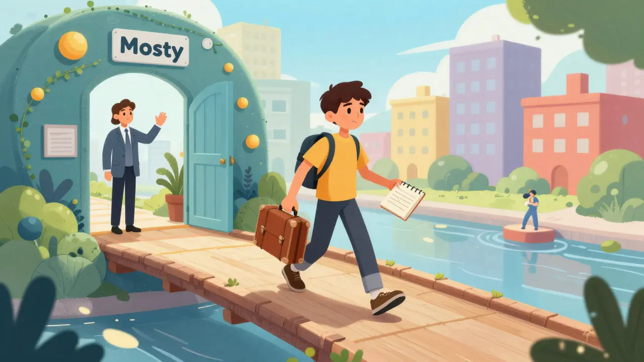 Kresba osoby přecházející po mostě z léčebného zařízení zpět do barevného, optimistického města.