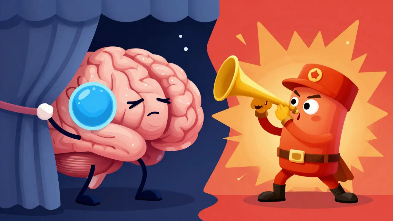 Kreslená personifikace hormonů melatoninu a kortizolu bojujících o kontrolu nad spánkem.